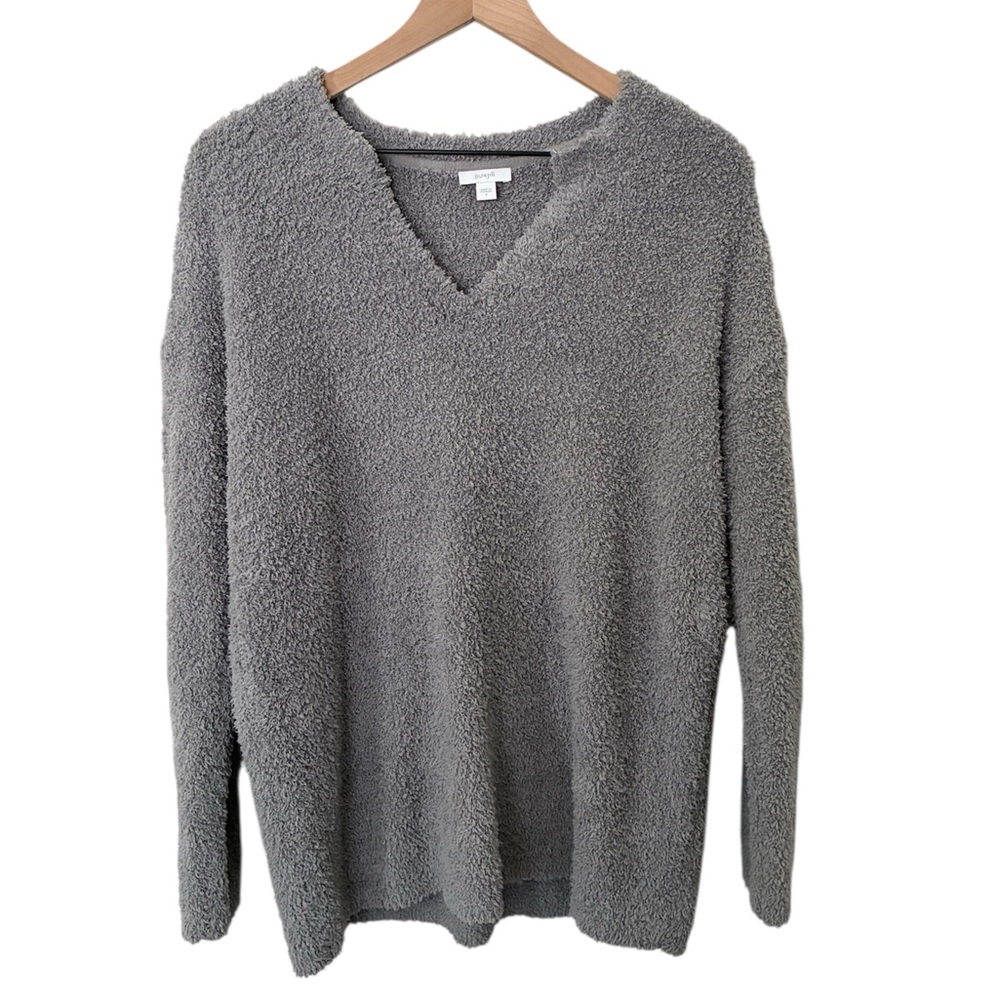 Pure Jill Gray Fuzzy V-Neck Sweater Long Sleeve Plush Pullover Relaxed Fit